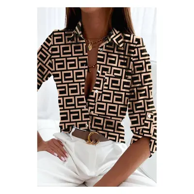 Elegante Blusa Con Stampa Geometrica Lavlenta, Nera E Beige