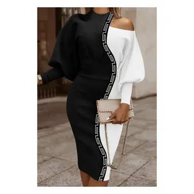 Elegante Abito Midi Con Stampa Geometrica, Bianco E Nero