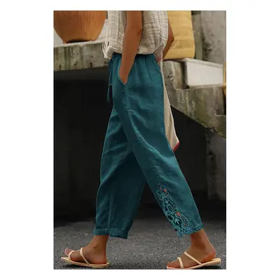 Pantalone Elegante In Cotone Con Pizzo, Petrolio