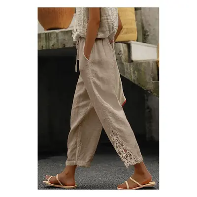 Pantalone Elegante In Cotone Con Pizzo, Beige