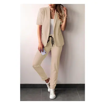 Completo Pantalone Con Blazer Manica Corta, Beige.