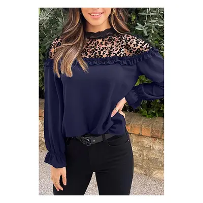 Blusa Elegante Con Volant, Di Colore Blu Scuro