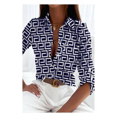 Blusa Elegante Con Stampa Geometrica Lavlenta, Blu Scuro