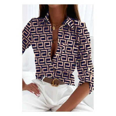 Blusa Elegante Con Stampa Geometrica Di Lavlenta, Beige-Blu