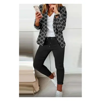 Completo Pantalone Con Blazer Elegante Con Stampa Estrena, Bianco/Nero