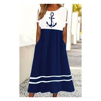 Abito Midi Con Stampa Ancora, Bianco/Blu Navy