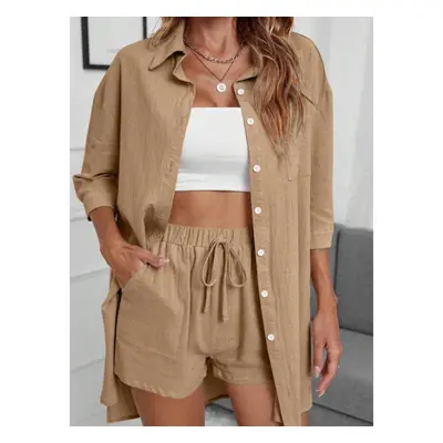 Completo Camicia E Shorts In Lino, Cammello