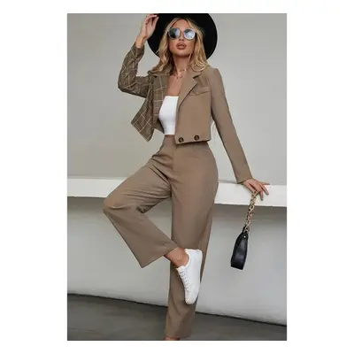 Elegante Completo Blazer E Pantaloni Con Stampa A Quadri, Cammello