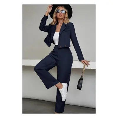 Elegante Completo Blazer E Pantaloni A Quadri, Blu Scuro