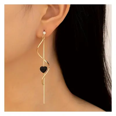 Spiral Lines Black Heart Design Dangle Earrings Elegant Cute Style 18k Plated Jewelry Valentine'