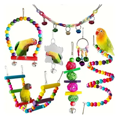 TEMU 7pcs Bird Toy Set Colorful Pet Parrot Toys Swing Chewing Hanging Cage Toy With Bell Bird Ca