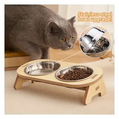 Elevated Cat Inclined Food Bowl Water Bowl With Wooden Stand For Cervical Spine Protection, Deta