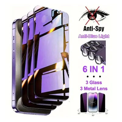 TEMU 6in1 [3pcs -blue Tempered + 3pcs Purple Metal ] For Iphone 15/14/13/12/11///15 -blue + Len 