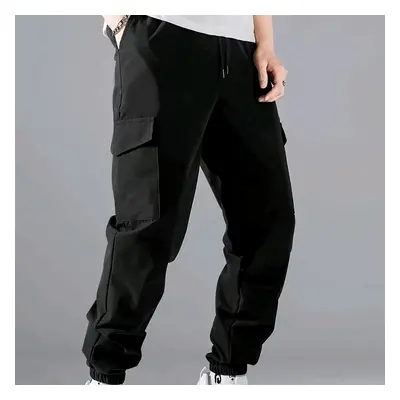 Trendy Solid Cargo Pants, Men's Multi Flap Pocket Drawstring Trousers, Loose Casual Outdoor Pant