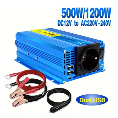 TEMU 500w/1200w () Pure Sine Wave Inverter 12v To 220v Ac Converter With Euro Ac Socket And Dual