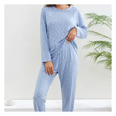 TEMU Heart Print Pajama Set, Long Sleeve Crew Neck Top & Waistband Pants, Women's Sleepwear & Lo