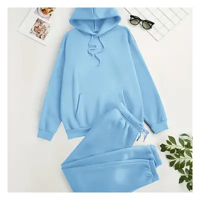 Casual Solid Two-piece Set, Kangaroo Pocket Hoodie & Drawstring Pants Outfits, Women's Clothing