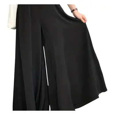 TEMU Plus Size Casual Pants, Women's Plus Solid Medium Stretch Loose Wide Leg Trousers