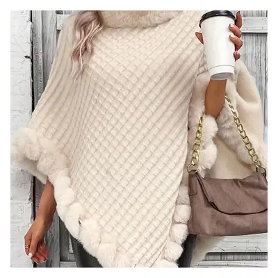 TEMU Women's Elegant Cream-colored Knit Sweater With Fur Trim - High Neck, Batwing Sleeves, Cozy