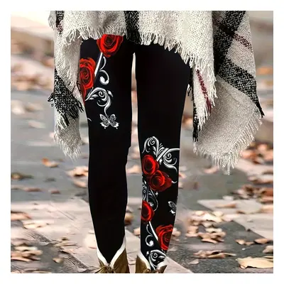 TEMU Rose Floral Print Skinny Leggings, Casual Waist Stretchy Leggings, Women's Clothing