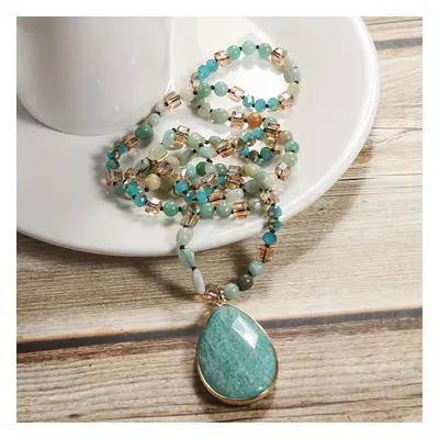 Water Drop Pendant Necklace With Colorful Natural Stone Beads Boho Style Long Pendant Sweater Ch