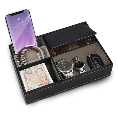 1pc Slots Pu Leather Storage Tray, Men's Organiser Tray, Desk Accessories For Mobile Phone, Coin