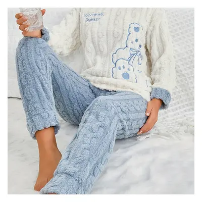 TEMU Set Women's Cute Teddy & Cartoon Embroidered Fleece Pajama Set, Polyester Long Sleeve Crew 