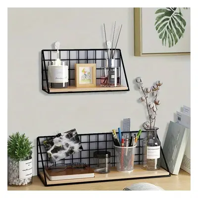 1pc Floating Shelves Wall Mounted Rustic Wood Storage Display Shelf With Metal Wire Basket Hangi