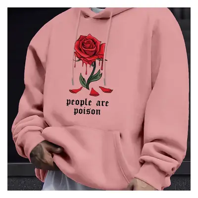 Rose & People Are Poison Print Men's Fall And Winter Trendy Hooded Sweatshirt, Kangaroo Pocket, 