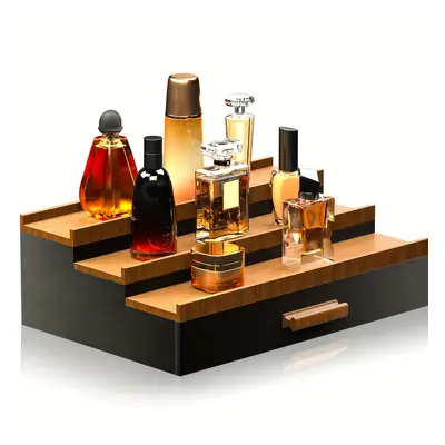 Black Wooden Cologne Organizer For Men - 3-tier Elevated Display Shelf With Drawer, Perfume Stor