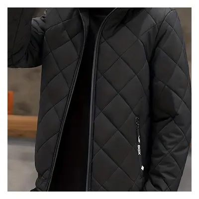 TEMU Men's Casual Hooded Quilted Jacket, 100% Polyester Thickened Warm Coat, Long Sleeve Solid C