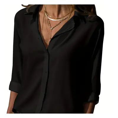 TEMU Solid Shirt, Casual Button Front Long Sleeve Collar Shirt, Women's Clothing