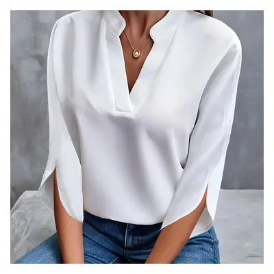 TEMU Solid Color Neck Blouse, Casual 3/4 Split Sleeve Top For , Women's Clothing