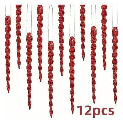 12-pack Christmas Spiral Icicle Ornaments - Glittery Red Plastic Pendant Drops For Holiday Tree 