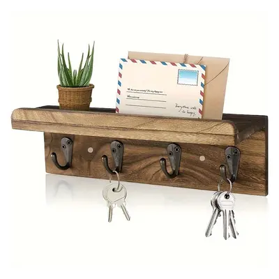 1pc Rustic Wall Key Holder, Farmhouse Storage Shelf With Hooks, Wall-mounted Key Rack, Wooden Ma