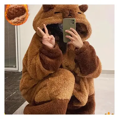 TEMU Cute Capybara Nightdress With Hood - Winter Coral Fleece Cartoon Animal Hoodie Sleep Robe F