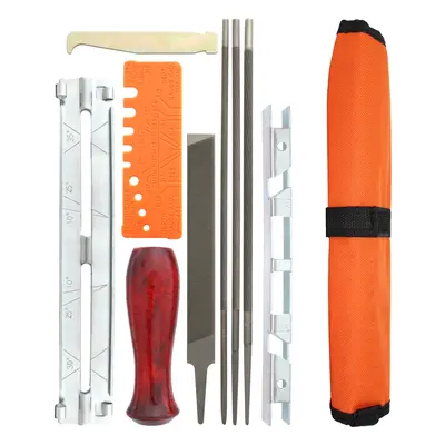 Set Of Chainsaw Sharpener File Kit, Round Files, Wood Handle & Tool Pouch, Used To Sharpen Chain