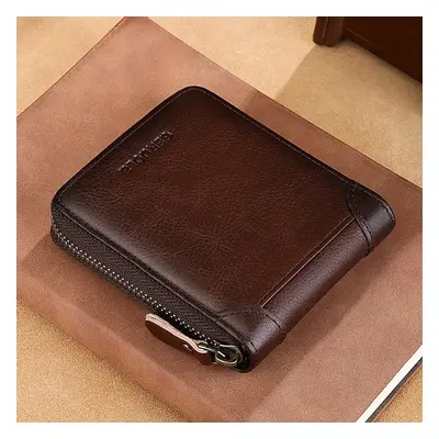 Men's Genuine Leather Zipper Short Wallet, Vintage Money Clip, Multi-card Card Holder With Coin 