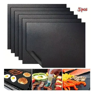 5pcs Black Non-stick Bbq Grill Mats - Heat Resistant, Easy Clean Fiberglass Cooking Sheets For O