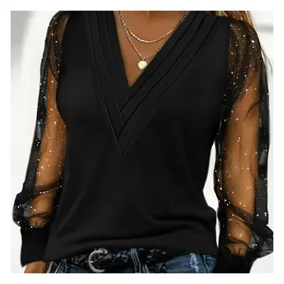 TEMU Women's Plus Size V-neck Blouse With Sheer Mesh Sleeves - Elegant Black Top, Breathable Pol