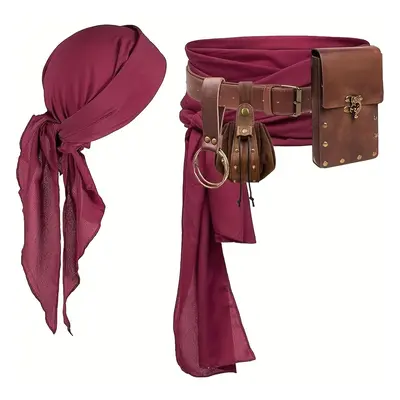 Elegant Pirate Costume Accessory Set With Pu Leather Waist Belt, Coin Purse, And Head Wrap For F