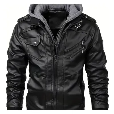 TEMU Men's Casual Hooded Biker Jacket - Chic Black With Gray Hoodie Collar, Long Sleeve Zip-up W