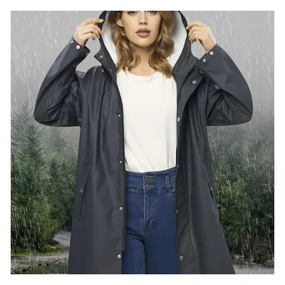 TEMU Chic Women's Yellow Rain Jacket - Waterproof & Windproof Long Hooded Pu Raincoat With Zippe