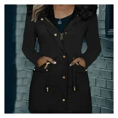 TEMU Women's Chic Black Fur Collar Coat - Casual Polyester, Long Sleeve With Pockets, Machine Wa