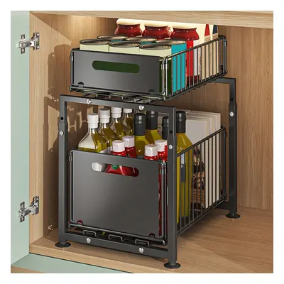 TEMU 2-tier Pull-out Kitchen Organizer - No-drill, Foldable Under-sink Storage Rack With Suction