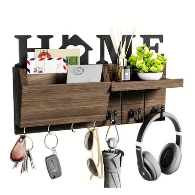 Wooden Key And Mail Holder For Wall - Rectangular Tiered Shelf With Hooks - Multifunctional Orga