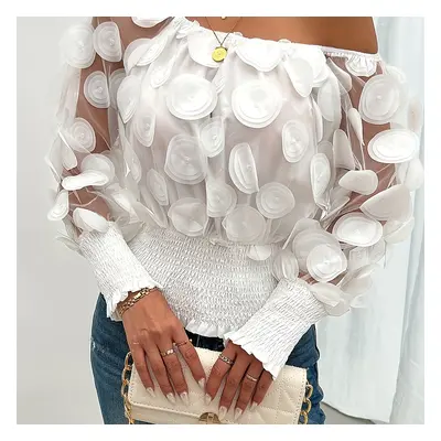 Applique One-shoulder Blouse, Stylish Shirred Long Sleeve Top For Spring & Summer, Women's Cloth