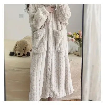 TEMU Casual Solid Jacquard Fleece Thickened Night Robe For Fall & Winter, Long Sleeve Hooded But