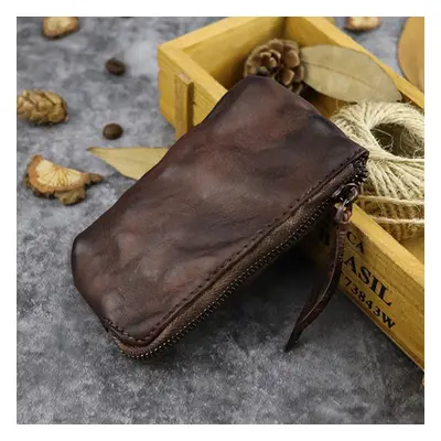 Vintage Style Genuine Top-grain Leather Coin Purse, Hand-painted Mini Pouch With Zipper - Piece