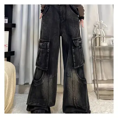 Flap Pocket Loose Fit Washed Black Color Wide Leg Cargo Jeans, Women's Denim Jeans & Clothing